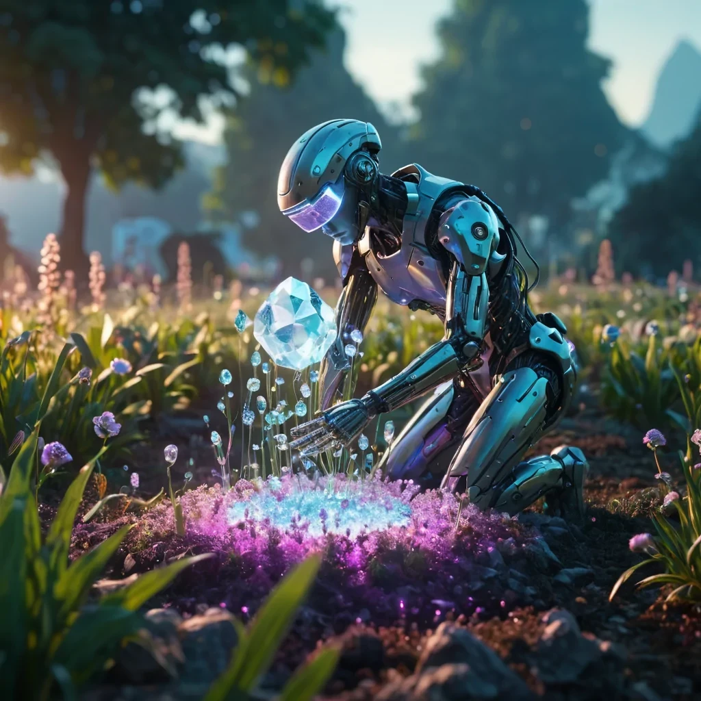 A cyborg gardener tending to a field of luminescent, floating crystals on a levitating island, hyperrealistic, 4K, cinematic lighting, volumetric lighting, atmospheric effects, dynamic lighting, bokeh effect, lens flare, vibrant colors, detailed textures.