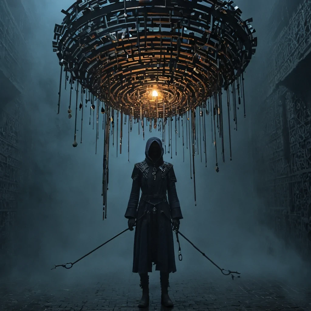 A photorealistic, eyelevel medium shot of a vast, suspended archive built from thousands of interlocking, rusted iron locks and heavy, tarnished brass keys, forming a labyrinthine structure that floats in a dense, foggy abyss of deep indigo smoke. The foreground features a solitary figure dressed in a structured, highcollared tunic made of matte charcoal neoprene, holding a long, slender staff topped with a glowing, faceted prism of cut opal that casts sharp, rainbowhued shards of light across the metallic textures. The background reveals endless layers of hanging lock mechanisms, some open to reveal soft, glowing orbs of warm candlelight, while others remain sealed, creating a rhythmic pattern of shadow and lumines