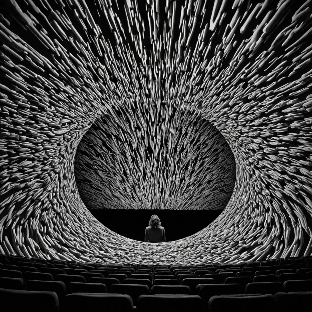 A single, selfilluminating filament of reversed perception, shaped like a 403dimensional kaleidoscope of unformed sight and inverted awareness, drifts at the center of a vast, inverted theater of solidified gazeeach seat carved from the exact moment between an eye opening and its refusal to focus, a glance turning and dissolving into nondirectional light, a mirror reflecting and collapsing into pure, unobserved emptiness. The filament does not showit unshows, each shimmering facet shedding a layer of visual potential that never coalesced into a shared image, reforming into ephemeral, citrineveined afterimages shaped like the negative space between two pupils that never aligned on the same reflection. The