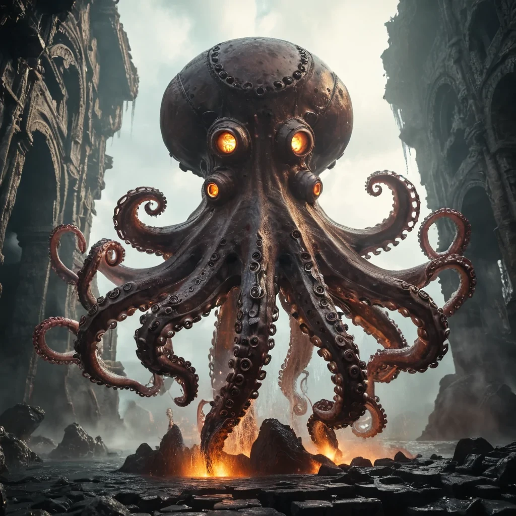 A gigantic, mechanical octopus rising from a steaming, volcanic abyss, its metal tentacles clutching remnants of ancient architecture, hyperrealistic, 8K, cinematic lighting, volumetric lighting, atmospheric effects, dynamic lighting, bokeh effect, soft focus, lens flare, earthy tones, detailed textures.
