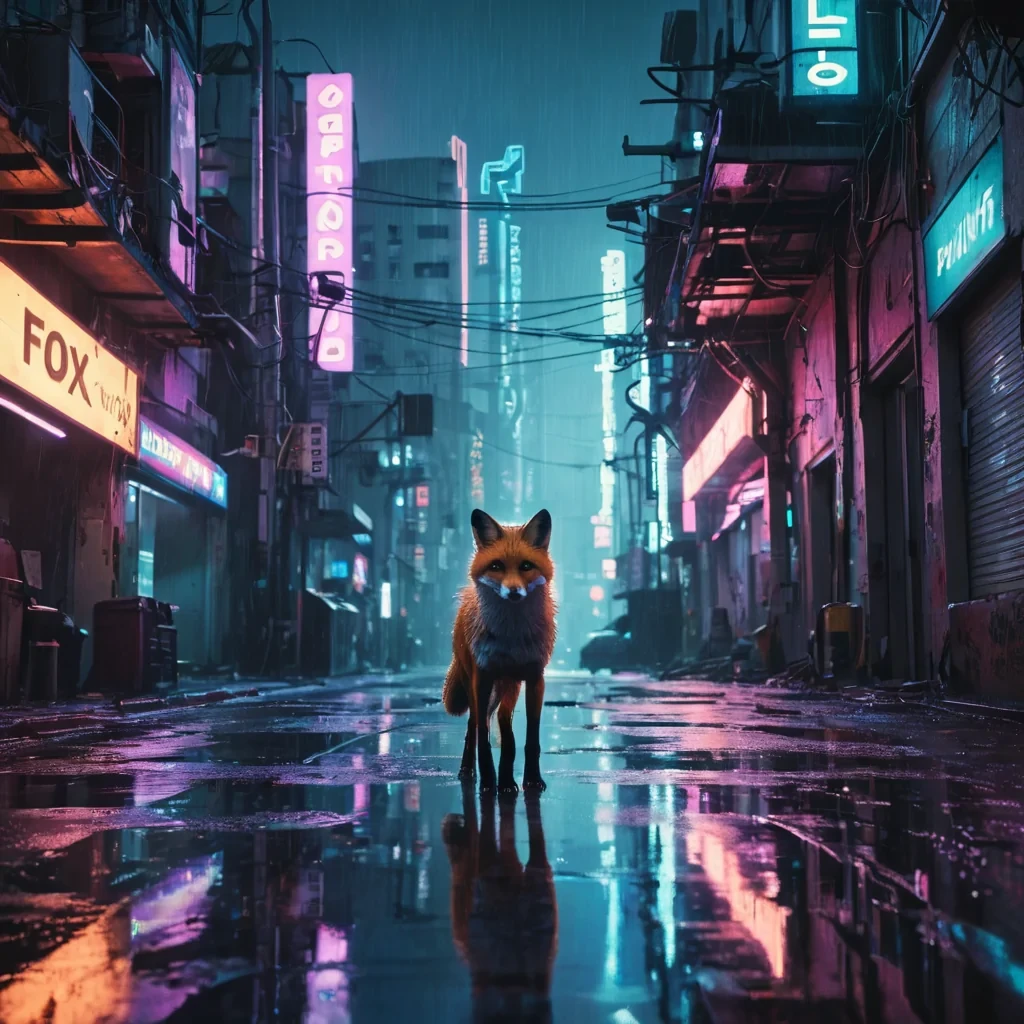An abandoned, neonlit, cyberpunk cityscape at dusk, reflecting on a rainsoaked street, with a lone, holographic, cybernetic fox prowling through the shadows, cast in ultra HD, cinematic lighting, and dynamic lens flare.