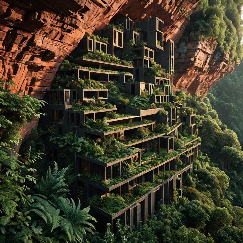 A horizontal, isometric crosssection view of a sprawling, vertical megastructure carved directly into the side of a colossal, obsidian cliff face, where the architecture consists of stacked, terraced modules made of warm, terracotta clay and polished rose gold metal. Each terrace features lush, nontree vegetation such as vibrant carpets of moss, clusters of ferns, and hanging vines with large, heartshaped leaves in shades of emerald and teal. The structure is illuminated by the soft, diffused light of a setting sun that casts long, dramatic shadows, creating a highcontrast interplay between the warm interior lights glowing from the windowless, cylindrical chambers and the cool, twilight blue of the surrounding sky. In the foreground, a sleek,