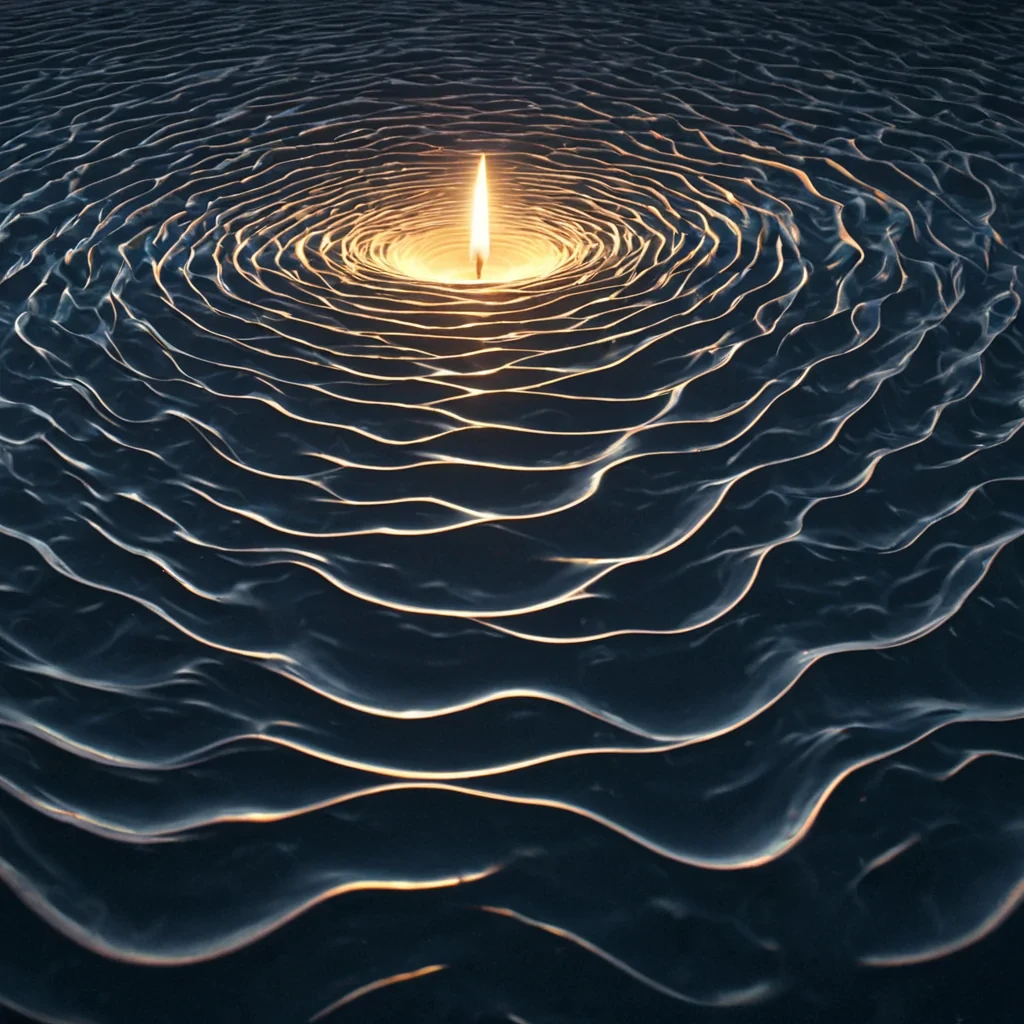 A single, selfoscillating ripple of reversed light, shaped like a 4,000,000,000dimensional wavefront of unformed illumination and inverted radiance, undulates at the center of a vast, inverted ocean of solidified darkness  each wave crest carved from the exact moment between a star igniting and its refusal to burn, a candle flickering and dissolving into nonluminous stillness, a lens flare expanding and collapsing into pure, unmeasured nonbrightness. The ripple does not emit photons  it unemits them, each receding crest shedding a layer of photonic potential that never coalesced into visible energy, reforming into ephemeral, amethystthreaded