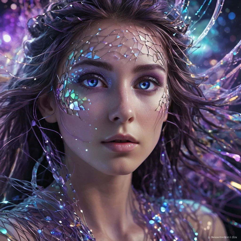 A hyperrealistic, 4K, ultra HD portrait of a quantum dreamweaver, her skin shimmering with the iridescent hues of a prismatic dreamscape. The dreamweavers eyes, a deep, enigmatic amethyst, hold the secrets of a thousand slumbering realms. Her hair, a cascade of shimmering, holographic dream fragments, gently pulses with each beat of her ethereal heart. The background is a surreal, hightech observatory filled with floating, selfassembling dream analyzers and the soft glow of quantum sleep sensors. Cinematic lighting accentuates the dreamweavers otherworldly beauty, while a subtle bokeh effect blurs the neonlit subconscious, creating an intimate, focused atmosphere.