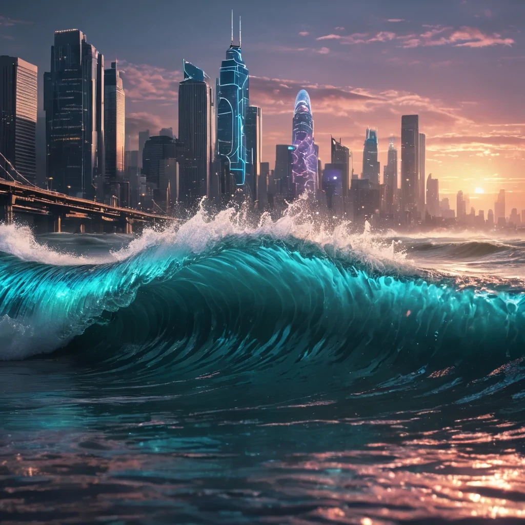 Ephemeral Tide A colossal, hyperrealistic, Ultra HD wave, crafted from liquid glass, towers over a desolate, neonlit, cinematic cityscape. The waves dynamic, volumetric crest casts intricate, atmospheric shadows across the urban landscape, while its detailed, textured surface reflects the vibrant, pastel glow of the citys holographic billboards. As the wave crashes down, it reveals a hidden, underwater metropolis, teeming with bioluminescent, alien lifeforms, creating a soft, ethereal bokeh effect that dances with the citys lens flare.