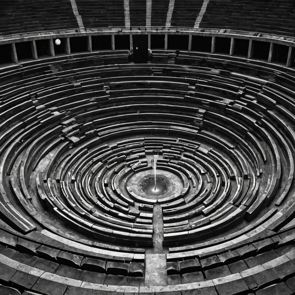 A single, selfreplicating tangle of liquid mercury and solidified moonlight coils in the center of a vast, still amphitheater built entirely of compressed, unplayed symphonies from a civilization that communicated through the resonance of unstruck chimes. The tangle does not flowit pulses, condensing and expanding with the rhythm of a heartbeat that never existed, each droplet shaped like the negative space between two fingers that never brushed a bell, glowing with the faint, ultrasonic afterimage of a note that was almost heard. The amphitheater is not stoneit is a layered expanse of petrified silence, each seat etched with the emotional residue of a concert that never occurred, its surface shimmering