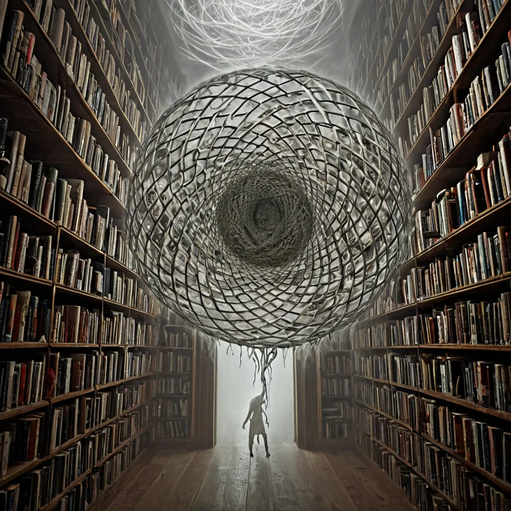 A single, selfigniting fractal of reversed dreams, shaped like a 7,843dimensional lattice of unformed lucidity and inverted subconscious, pulses at the center of a vast, inverted library of solidified wakefulness. Each node is woven from the exact moment between a thought forming in sleep and its refusal to cohere, a vision dissolving into nonimagery, a hand reaching for a doorknob in a dream and collapsing into pure, unmeasured nonaction. The lattice does not contain dreamsit undreams them, each unraveling point shedding a layer of psychic potential that never coalesced into narrative, symbol, or emotional resonance, reforming into ephemeral, obsidianveined mist