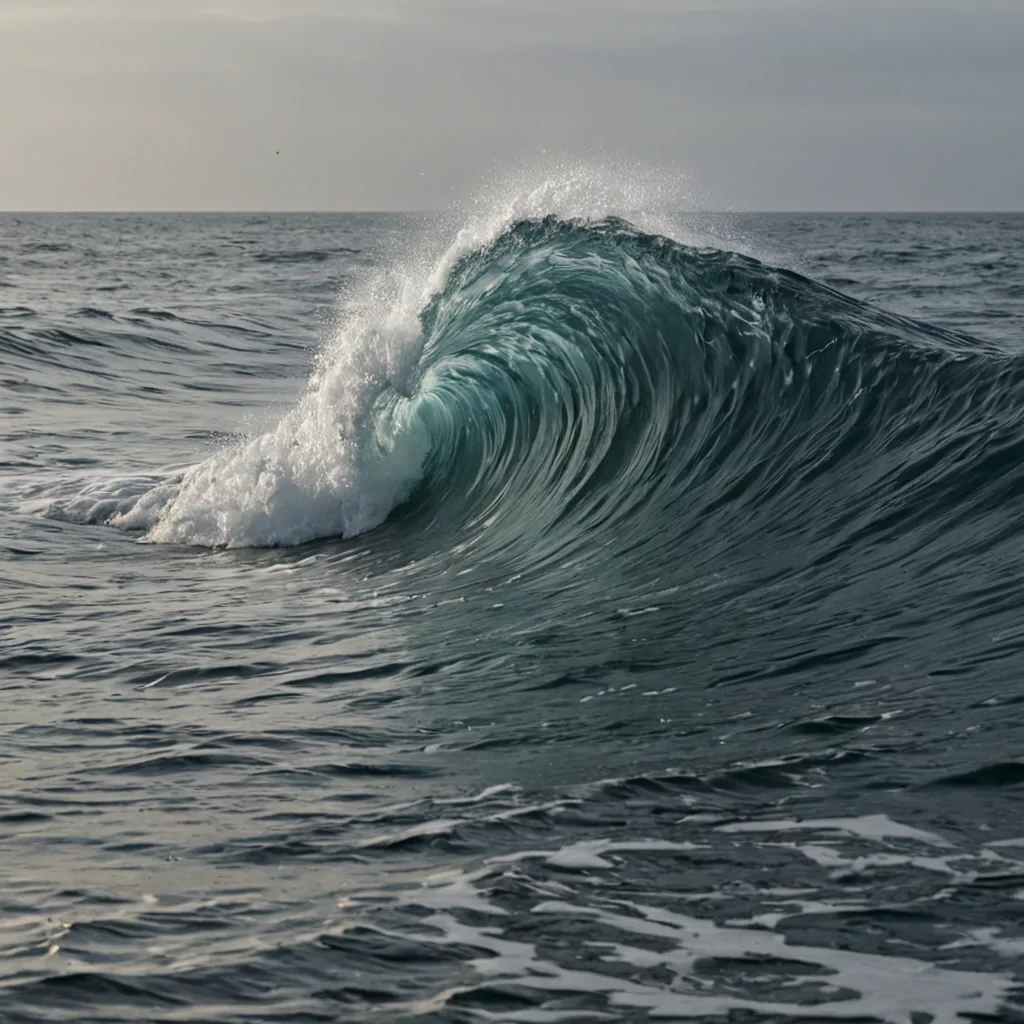 A single, selfreverberating wave of reversed silence, shaped like a 1029dimensional lattice of unformed stillness and inverted resonance, pulses at the center of a vast, inverted ocean of solidified soundeach wave crest carved from the exact moment between a whisper forming and its refusal to travel, a lullaby fading and dissolving into nonvibrational water, a heartbeat syncing with the collapse of acoustic pressure. The wave does not quietit unquiets, each trembling ripple shedding a layer of auditory potential that never coalesced into a shared harmony, reforming into ephemeral, sapphireveined afterimages shaped like the negative space between two ears that never heard the same breath. The ocean is