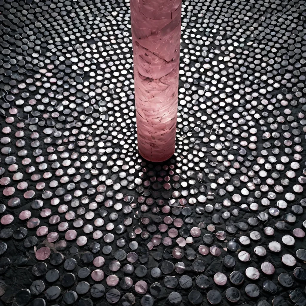 An overhead, extreme macro shot of a circular, sunken arena floor composed of thousands of tiny, perfectly tessellated hexagonal tiles made of raw, matte charcoal stone, each tile inlaid with a single, suspended droplet of liquid chrome that catches the light with razorsharp intensity. In the center of the arena, a single, towering, twisting column of solidified, translucent rose quartz rises vertically, its surface fractured into complex, jagged planes that refract the ambient light into sharp, geometric shards of pink and white. Surrounding the quartz column, suspended in the thin, dusty air, are hundreds of flat, circular discs of thin, black rubber, each etched with a unique, spiraling pattern of gold leaf,