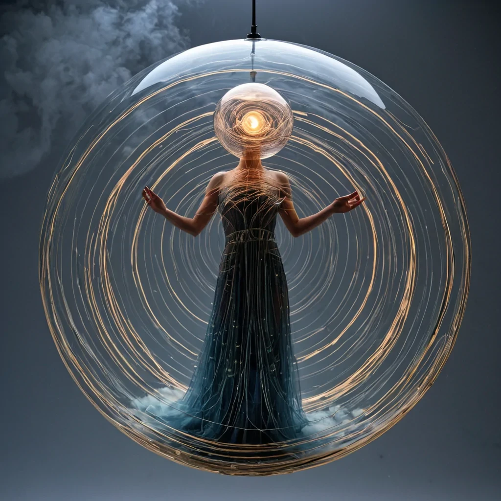 A vertical, highangle shot looking down into a deep, cylindrical shaft lined with concentric rings of translucent, layered mica that glow with soft, pearlescent hues of pink, silver, and pale green. Suspended within the shaft is a massive, intricate mobile constructed entirely from interlocking, hollowedout glass spheres filled with swirling, dense clouds of iridescent vapor in shades of indigo and gold. The spheres are connected by slender, glowing filaments of fiberoptic cable that pulse with rhythmic light. In the center of the composition, a solitary figure wearing a flowing, sheer gown made of woven, metallic threads floats weightlessly, their hands gently touching one of the glass orbs. The lighting is ethereal and diffuse, eman