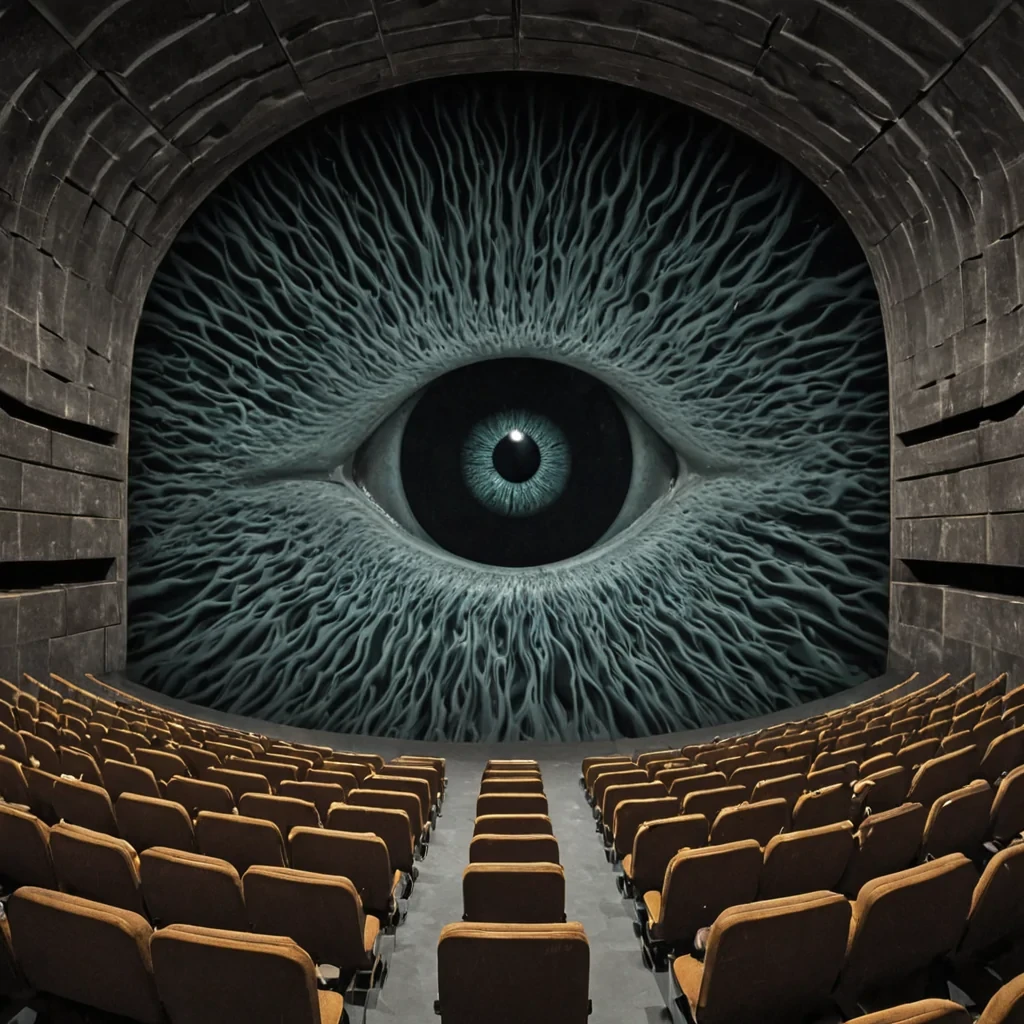 A single, selfreflecting void of reversed perception, shaped like a 47,802dimensional mirror of unformed sight and inverted awareness, floats at the center of a vast, inverted theater of solidified blindness  each seat carved from the exact moment between an eye opening and its refusal to focus, a glance turning away and dissolving into nonvisual silence, a reflection appearing in glass and collapsing into pure, unmeasured nonseeing. The void does not show images  it unshows them, each shimmering fracture shedding a layer of optical potential that never coalesced into coherent vision, reforming into ephemeral, emeraldthreaded afterimages shaped like the negative space between two eyes that never met,