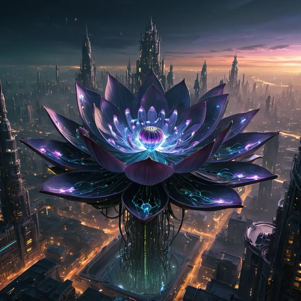 A colossal, ancient, mechanical lotus, its metallic petals unfurling to reveal a labyrinthine, neonlit city within, blooms from the heart of a vast, undulating, obsidian plain. Suspended within the lotus stamen, a holographic, sentient, mechanical swarm of dragonflies dances, casting ephemeral shadows on the citys inhabitants sentient, robotic, reptilian creatures. Rendered in ultra HD, with volumetric lighting, atmospheric effects, and vibrant colors, evoking a sense of surreal, otherworldly wonder.