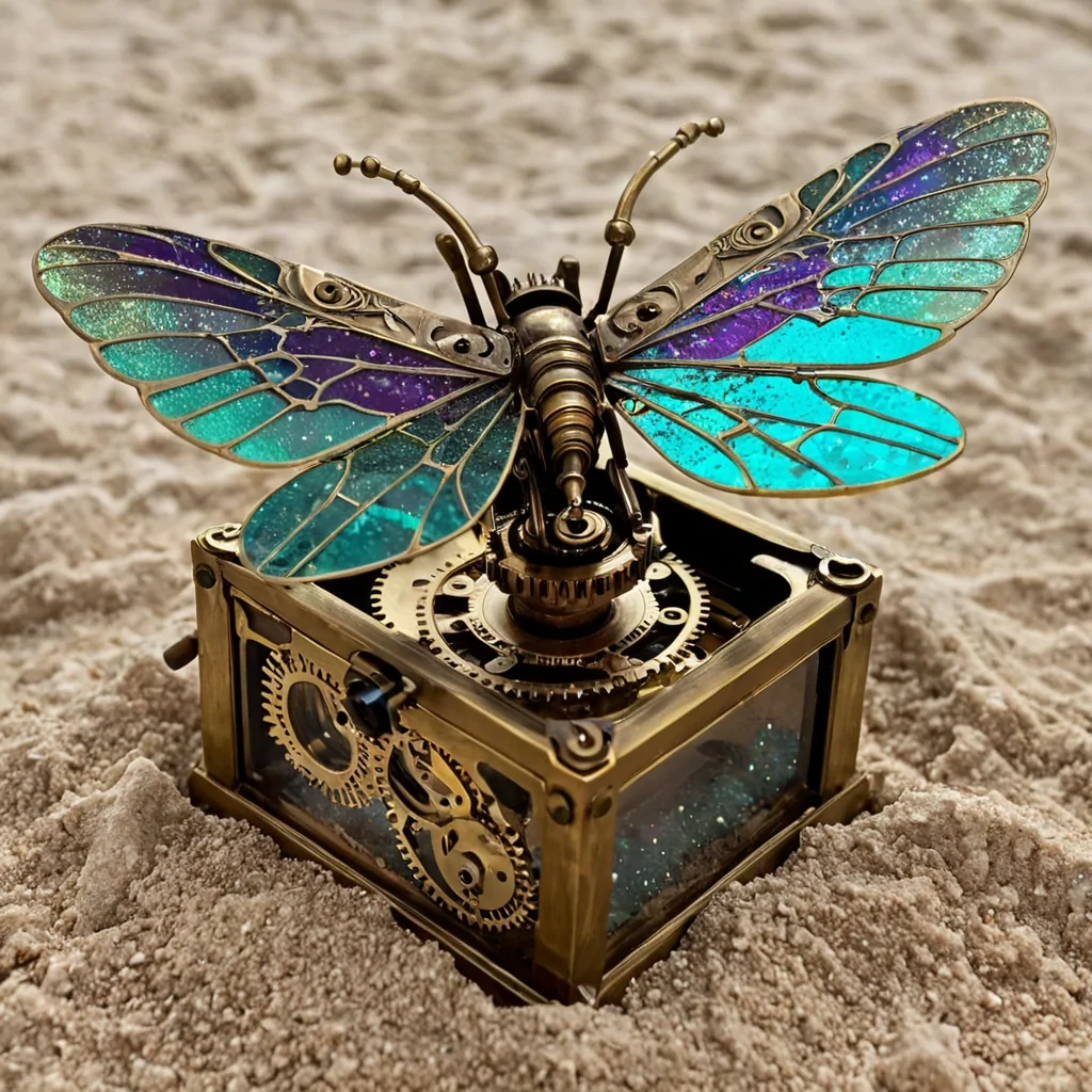 A lowangle, macro perspective of a solitary, antique brass music box mechanism resting on a bed of crushed, luminescent quartz sand. The intricate gears and springs are not metallic but crafted from translucent, ambercolored resin, with tiny, suspended bubbles trapped within the glasslike metal that catch a single, harsh spotlight from the upper right. The comb of the music box is replaced by a series of delicate, iridescent insect wings, layered in a fanned arrangement, shimmering with oilslick colors of teal, violet, and gold. Beneath the mechanism, the quartz sand glows with a soft, internal phosphorescence, casting a cool, bluegreen light that contrasts with the warm, golden reflection on the brassresin gears