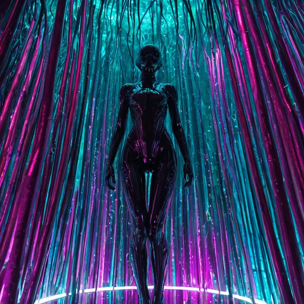 A vertical, ultrawide shot of a colossal, vertical garden wall composed entirely of vertical, ribbed tubes of deepsea kelp and translucent, bluetinted bioplastic, illuminated from within by pulsating, rhythmic bands of cyan and magenta LED light. Suspended in the foreground is a sleek, exoskeleton suit made of brushed titanium and flexible, black mesh, worn by a figure with skin that shimmers with a subtle, iridescent oilslick pattern. The figure is floating in a zerogravity atrium filled with swirling, viscous mist that catches the light like diamond dust. Behind the figure, through the semitransparent tubes, a vast, dark ocean is visible, teeming with silhouettes