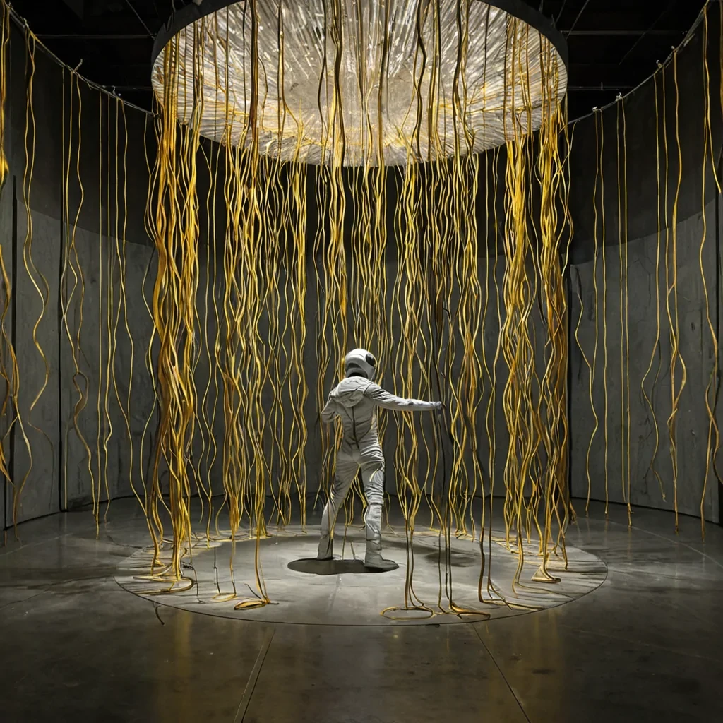 A vertical, eyelevel medium shot of a solitary artisan crafting intricate, floating tapestries from strands of solidified sound waves within a circular, soundproof chamber lined with acoustic foam tiles in varying shades of muted charcoal and sage green. The artisan, wearing a sleek, white ceramic exoskeleton suit with glowing amber joints, uses a pair of slender, tuningforklike instruments to pluck and weave the visible, undulating ribbons of light that hang in midair, each ribbon representing a distinct musical note in vibrant gradients of electric blue, magenta, and golden yellow. The room is illuminated by a soft, diffused overhead glow that casts long, gentle shadows on the polished concrete floor, while tiny, floating spheres of pure silence