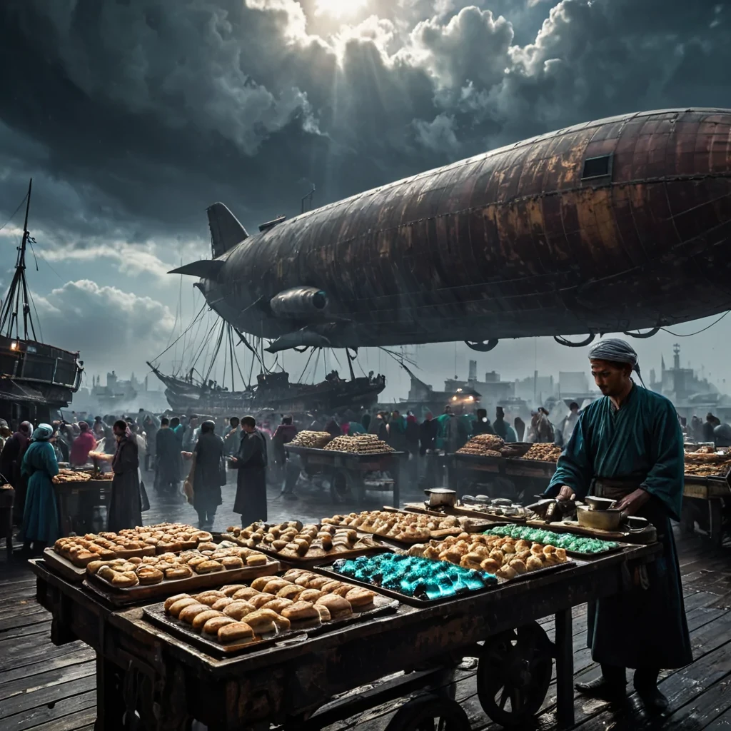A horizontal, eyelevel wide shot of a bustling, openair bazaar located on the deck of a colossal, rusted iron airship drifting through a dense, violethued cloud layer. The market stalls are constructed from repurposed aircraft fuselage sections and polished brass barrels, selling floating vials of captured lightning and spools of iridescent spidersilk thread. In the immediate foreground, a merchant with skin resembling cracked porcelain and eyes like polished emeralds carefully balances a tray of steaming, aromatic pastries filled with glowing blue jam. The lighting is moody and atmospheric, with soft, diffused sunlight breaking through the clouds above, casting long, dramatic shadows across the wet, riveted metal floor, while tiny, bi