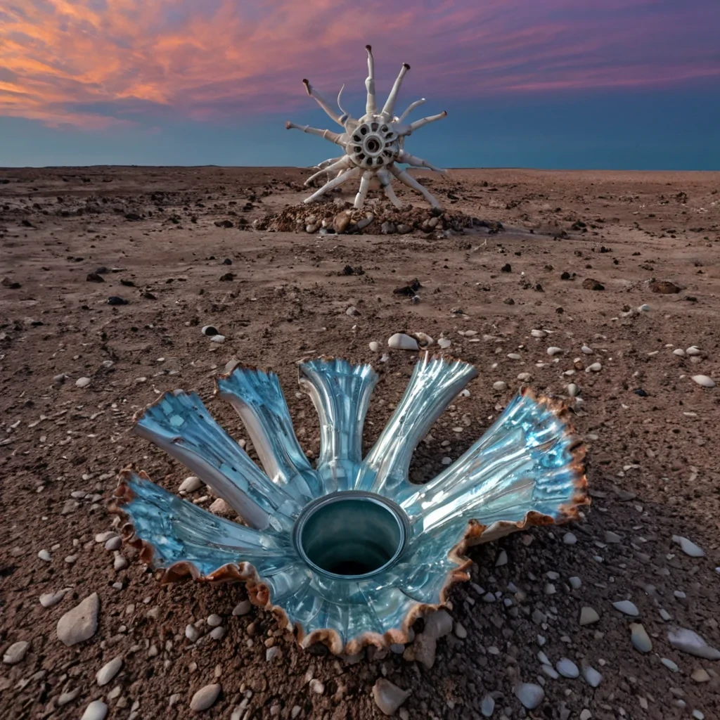 A horizontal, extreme wideangle shot of a vast, arid desert of crushed, pearlescent oyster shells stretching to a horizon of jagged, obsidian glass dunes, under a sky dominated by a binary star system emitting simultaneous hues of burnt orange and electric cyan. The ground is not sand but a seamless, reflective layer of compacted, iridescent calcium carbonate that mirrors the dualsky with a shimmering, wet sheen. In the midground, a solitary, monumental sculpture stands a colossal, hollowedout human ribcage made of polished, matte white porcelain, fused seamlessly with a rusted, industrial steam turbine engine. The turbine is active, venting thick, slowmoving plumes of violet steam that