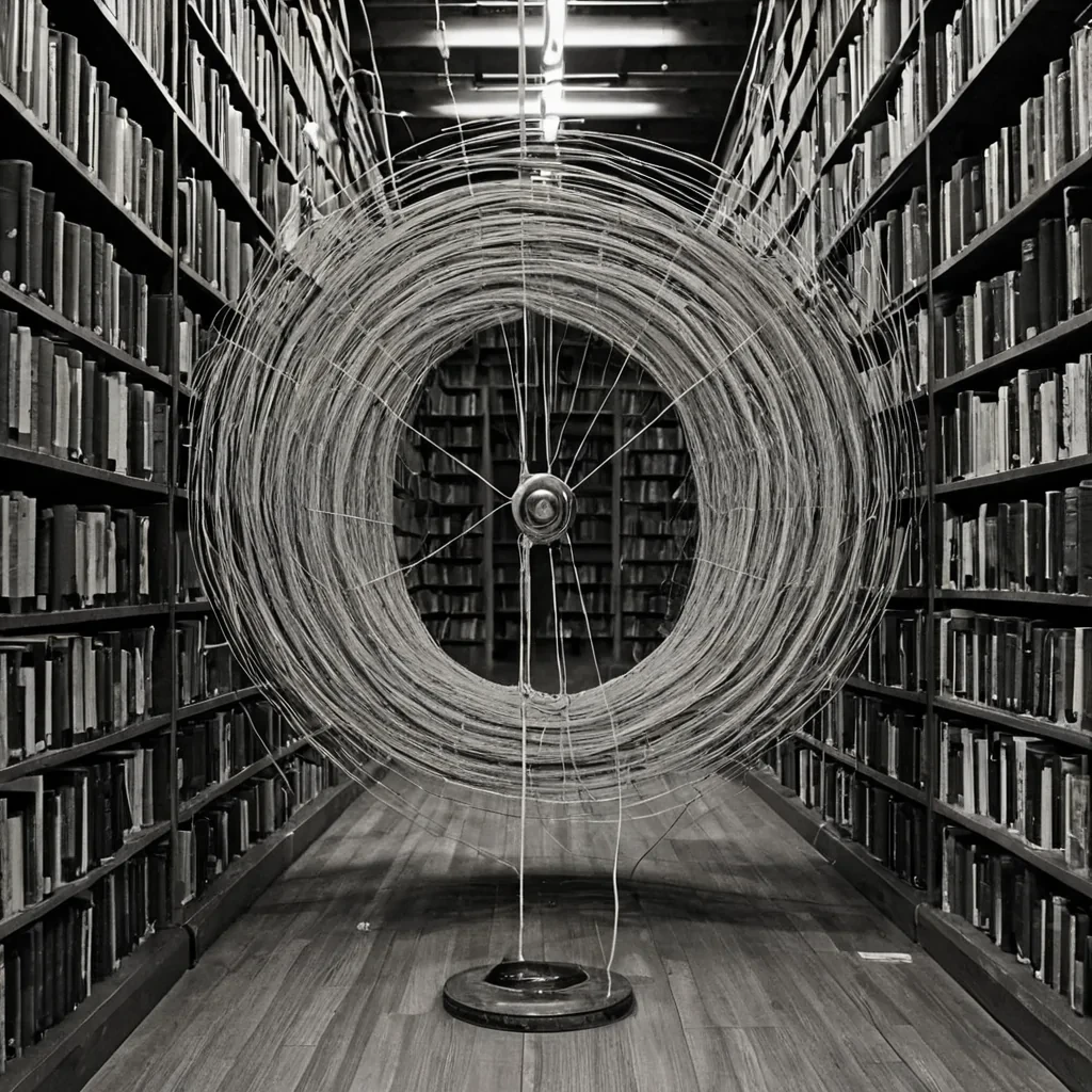 A single, selfoscillating thread of reversed patience, shaped like a 27,003dimensional loom of unformed endurance and inverted stillness, weaves through the center of a vast, inverted library of solidified urgency. Each warp and weft is spun from the exact moment between a hand resting on a doorknob and its refusal to turn, a letter being written and dissolving into noncommunication, a heartbeat syncing with a distant train and collapsing into pure, unmeasured nonanticipation. The loom does not weave timeit unweaves it, each pulsing strand shedding a layer of temporal restraint that never coalesced into calm, deliberation, or measured response, reforming into