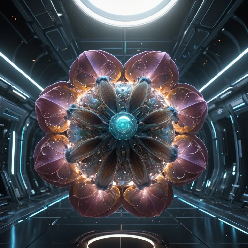 Photorealistic, colossal, opalescent, lotus pod space station, its hyperrealistic, 4K, metallic petals unfurling ultra HD, bioluminescent, zerogravity ecosystems. Volumetric lighting from unseen, pulsating, extraterrestrial hearts etches the stations ethereal, geometric architecture, casting intricate, dynamic, neon shadows on the inverted, reflective void. Cinematic lighting bathes the scene in vibrant, extraterrestrial hues, with lens flare emphasizing the stations central, radiant, throbbing, opalescent heart, pulsating with captive, alien energy.