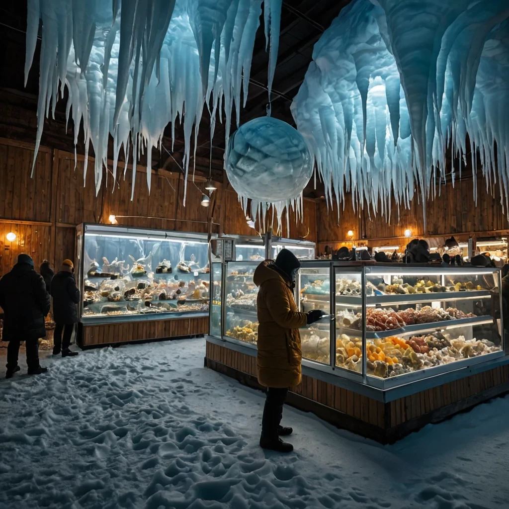 A hyperrealistic, eyelevel wide shot of a bustling vertical market suspended within the hollowedout interior of a massive, translucent iceberg during the golden hour. The market stalls are constructed from warm, honeycolored cedar wood, contrasting sharply with the icy blue surroundings, and are stacked in a spiral formation that winds upward into the foggy depths above. Each stall displays exotic, luminescent sea creatures and rare minerals in glass jars, illuminated by strings of warm, tungsten filament bulbs that cast long, dancing shadows on the smooth ice walls. In the foreground, a vendor wearing a thick, quilted coat of muted ochre fabric hands a glowing, spherical fruit to a customer clad in a sleek, white neoprene diving suit. The air