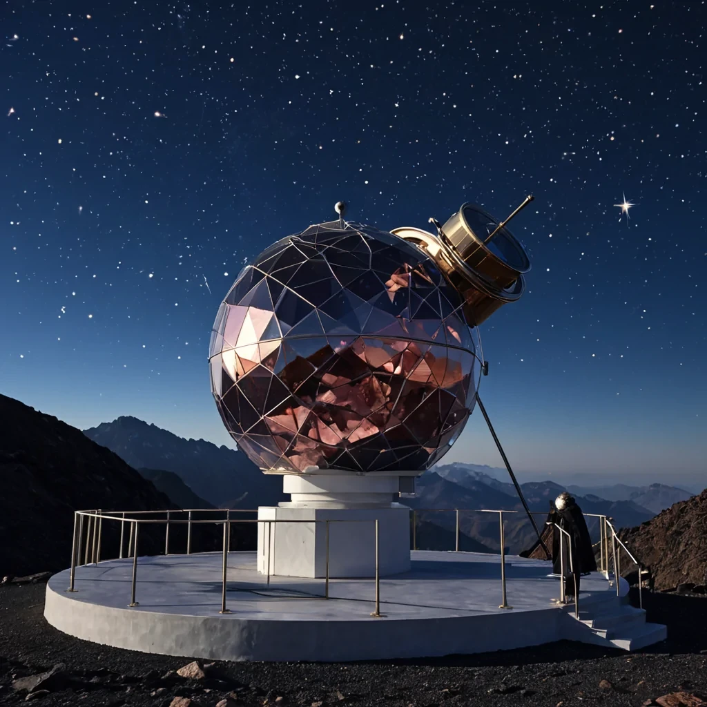 A horizontal, eyelevel medium shot of a tranquil, highaltitude observatory perched on the jagged peak of a floating island composed entirely of polished, translucent rose quartz, suspended in a sky of deep, velvety indigo scattered with slowmoving, glowing geometric constellations. The structure is a minimalist, circular pavilion with open arches made of slender, silver alloy frames, housing a massive, antiquestyle telescope mounted on a pedestal of smooth, dark basalt. In the foreground, an astrolabe keeper with skin resembling smooth, pale porcelain and wearing a long, flowing coat of midnightblue velvet adorned with subtle, embroidered star charts stands behind the instrument. They are gently adjusting a small, brass dial on the side of