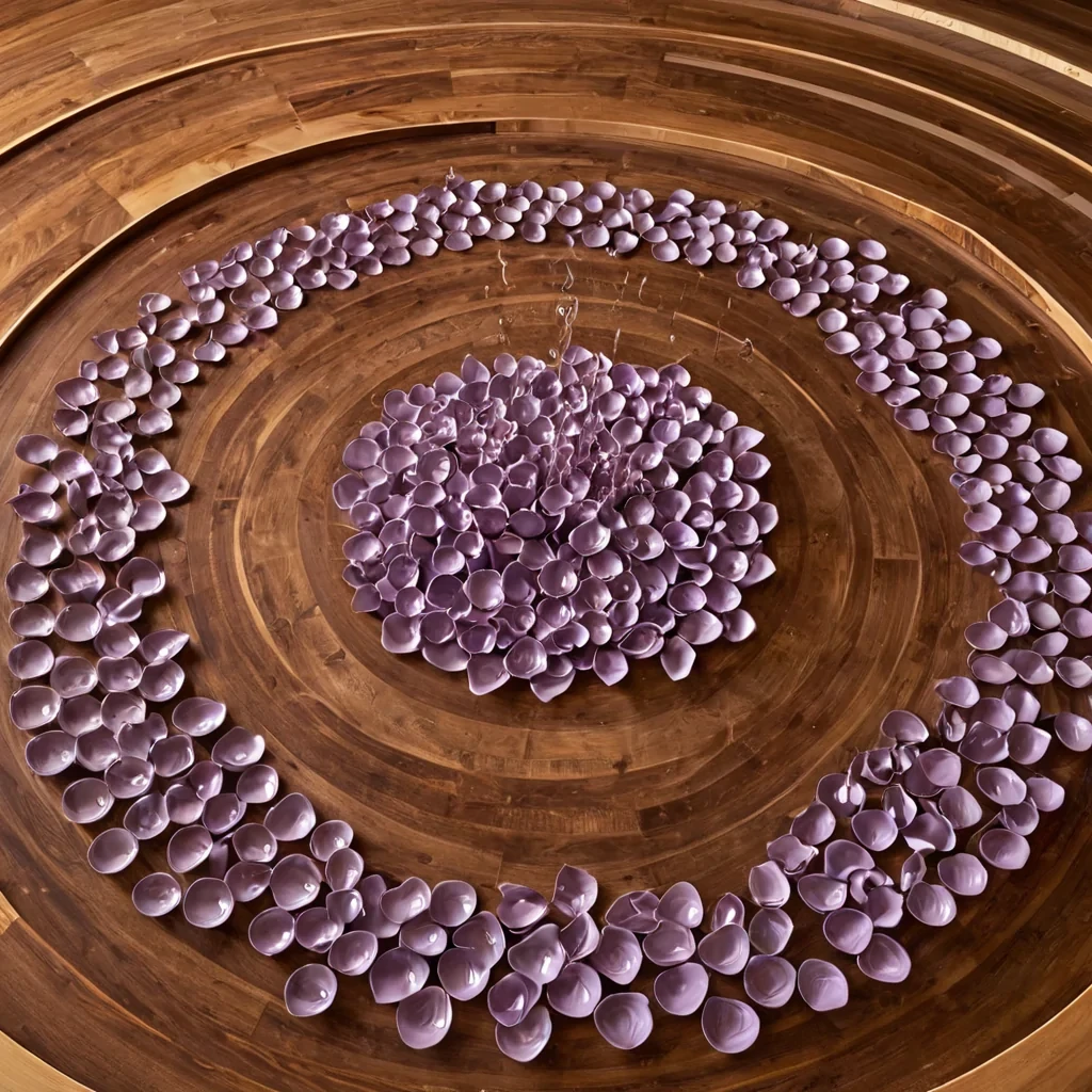 A tight, overhead closeup of a vast, circular arena floor composed of a seamless, fluidlike sheet of polished, dark mahogany wood that ripples gently under the weight of invisible dancers. The surface is not dry but slick with a layer of warm, golden honey that catches the light, creating a glossy, viscous sheen that reflects the overhead chandeliers with perfect clarity. Scattered across this liquid wood surface are hundreds of small, hollow, ceramic bowls, each containing a single, floating lotus petal in a distinct shade of lavender, cream, or dusty rose. The petals are suspended in a thin layer of water that sits atop the honey, creating a delicate, multilayered liquid effect. In the center of the arena