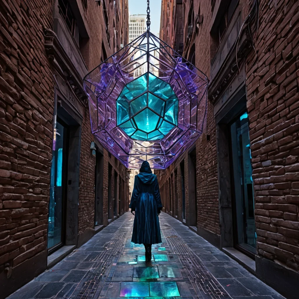 A horizontal, eyelevel medium shot of a bustling, vertical urban canyon constructed from towering stacks of weathered, terracotta clay bricks interspersed with panels of iridescent, motherofpearl composite. The narrow alleyway floor is a seamless, glossy expanse of dark, polished obsidian that mirrors the vibrant activity above. Suspended between the buildings are intricate networks of glowing, fiberoptic cables that pulse with soft, teal and magenta data streams, connecting floating, hexagonal platforms where artisans craft delicate, translucent glass instruments. In the center, a figure wearing a structured, architectural coat made of layered, sheer organza in deep indigo holds a large, ornate tuning fork crafted from brushed gold, striking it to