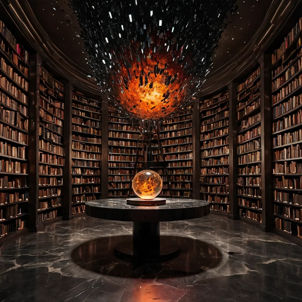 A vertical, eyelevel medium shot of a tranquil, enclosed library within a colossal, hollowedout meteorite drifting through the auroralit exosphere of a gas giant. The interior walls are composed of dense, blackened iron fused with veins of glowing, molten obsidian that pulse with a rhythmic, deep crimson light. Instead of books, the shelves hold thousands of floating, geometric crystal shards in various sizes and hues of amber, sapphire, and emerald, each emitting a soft, internal glow and hovering in magnetic suspension. In the center, a low, circular table made of polished, dark basalt holds a single, open manuscript written in shimmering, liquid silver ink that shifts and reforms as if alive. In the