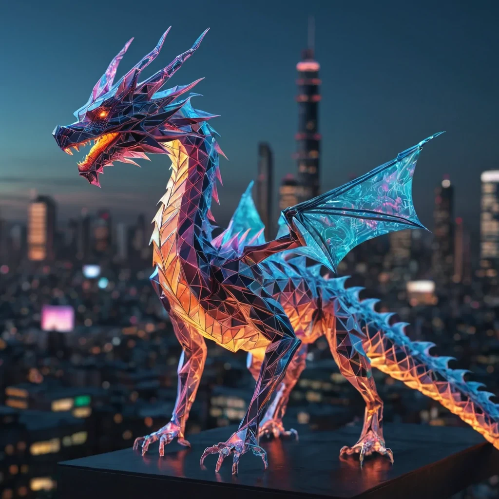 A hyperrealistic, 4K portrait of a sentient, levitating, neonlit holographic origami dragon, its ethereal form pulsating with intricate, bioluminescent fractal patterns, set against a sprawling, cyberpunk metropolis at dusk, with volumetric lighting casting dramatic shadows and emphasizing the dragons dynamic, fluid movements, and a subtle, warm bokeh effect creating a sense of isolation and mystery.
