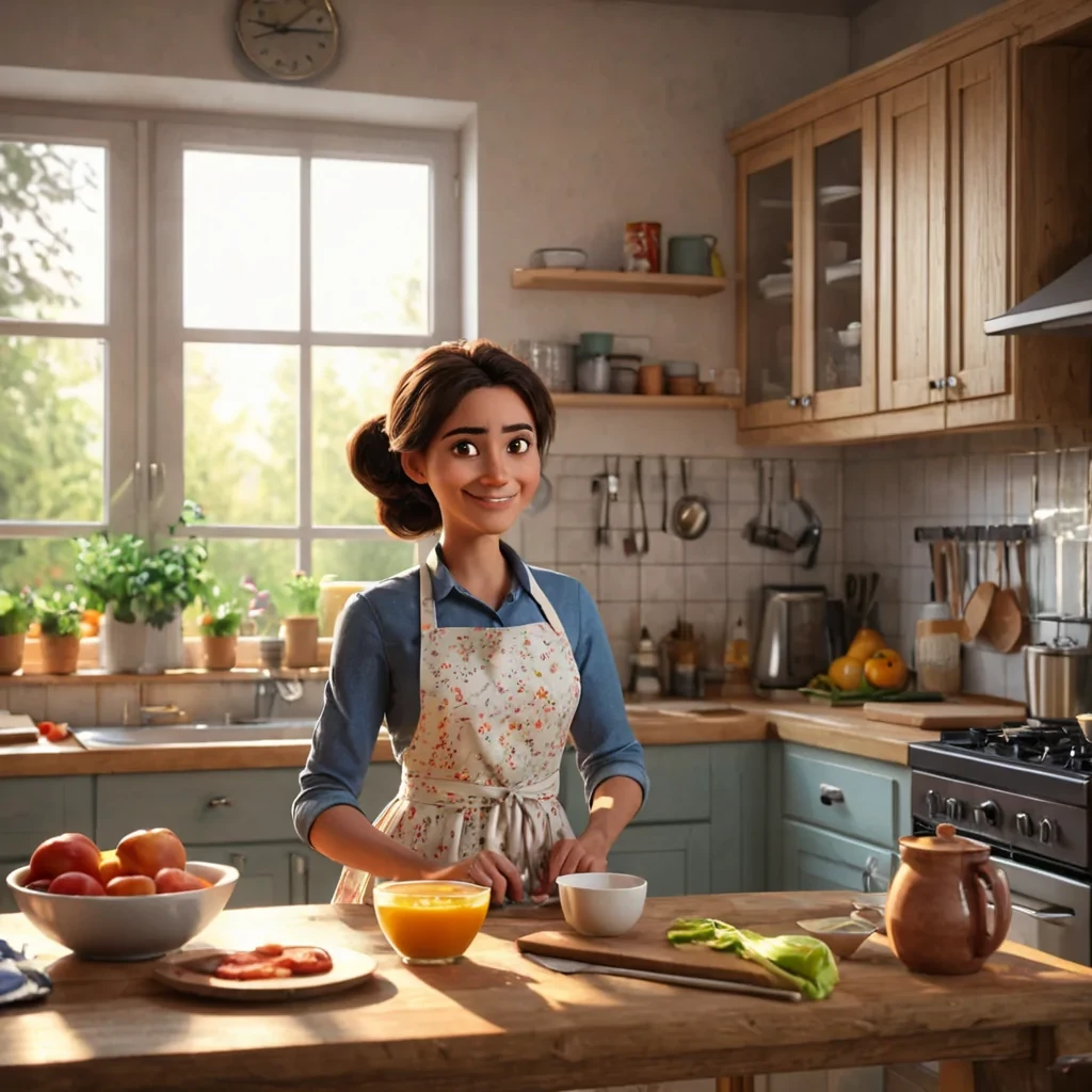 Generate a photorealistic image in 3D Pixar style of Amina as she prepares breakfast in the kitchen. Amina, a nurturing woman in her mid30s, is busy cooking. The kitchen is warm and inviting. It is cozy kitchen with a wooden table, fresh flowers, and sunlight streaming through the window. Amina is wearing an apron and smiling softly. Amina is the character in httpsaiphotoscdn.futuretronics.eugenerationimagesthumbnails5c3sO6cLJcnGyr01740510559.webp of same image ID which you already generated.