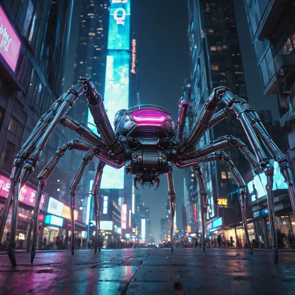 A gigantic, mechanical spider descends from the sky, its legs made of shimmering, iridescent metal, crawling down the side of a towering, neonlit skyscraper in a bustling cyberpunk city, hyperrealistic, 8K, cinematic lighting, volumetric lighting, atmospheric effects, dynamic lighting, bokeh effect, soft focus, lens flare, neon blues, electric pinks, and metallic silvers, detailed textures.