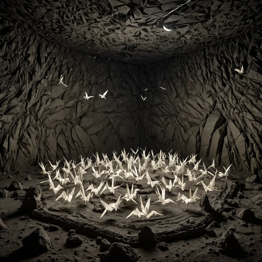 A single, selfsustaining constellation of floating, geometric origami cranes made of solidified static and woven moonlight hovers in the center of a vast, still chamber carved from the inside of a dormant volcano, its walls not stone but layers of compressed, fossilized laughter from a civilization that never spoke aloud. The cranes do not flythey pulse, each fold resonating with the frequency of a word that was never uttered, their edges glowing faintly with the afterimage of a handshake that occurred in reverse time. The floor is not rockit is a thick, viscous layer of liquid silence, its surface rippling with the thermal echo of a breath exhaled into the void, each ripple forming the shape of a letter that