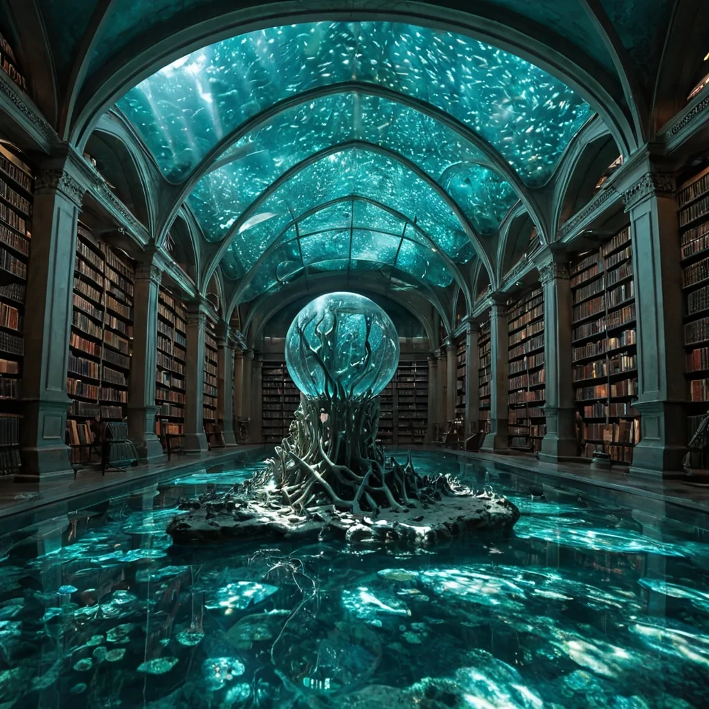 A photorealistic, eyelevel wide shot of a submerged, cathedrallike library constructed from translucent, deepsea bioluminescent coral structures, situated at the bottom of a clear, turquoise lagoon. The vaulted ceiling is formed by the interlocking ribs of a massive, ancient whale skeleton, draped in flowing, semitransparent kelp forests that sway gently in the current. Sunlight penetrates the water from above, creating shimmering, caustic light patterns that dance across the polished, shellencrusted floor. Instead of traditional books, the shelves are filled with thousands of floating, spherical glass orbs, each containing a suspended, frozen moment of time in vibrant, saturated colors. In the foreground, a sleek, futuristic diving