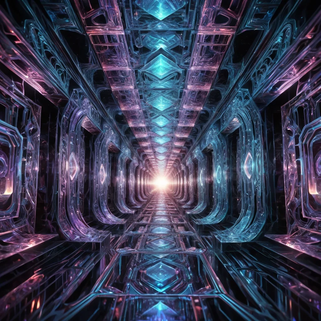 A hyperrealistic, 4K, ultra HD, opalescent, crystalline labyrinth, its geometric passageways and chambers rising from a shimmering, iridescent, amorphous core. Volumetric lighting from a distant, pulsating, ethereal source etches the labyrinths intricate, dynamic, prismatic architecture, casting mesmerizing, kaleidoscopic shadows on the inverted, reflective walls. Cinematic lighting bathes the scene in vibrant, spectral hues, with lens flare emphasizing the labyrinths central, radiant, crystalline nexus, pulsating with captive, alien, photonic energy. Photorealistic, fractal, crystalline formations unfurl ultra HD, zero gravity, aerodynamic conduits, creating an other