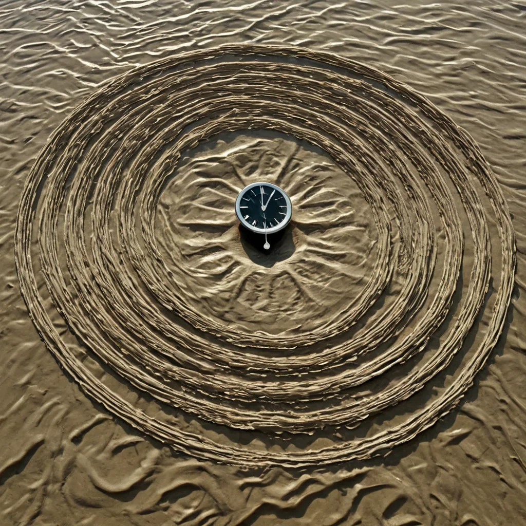 A single, selfdissolving thread of reversed time, shaped like a 583dimensional helix of unformed chronology and inverted causality, drifts at the center of a vast, inverted river of solidified noweach ripple carved from the exact moment between a decision being made and its refusal to unfold, a heartbeat skipping and dissolving into nonsequential breath, a letter being written and unraveling into pure, untransmitted intention. The thread does not rewindit unrewinds, each fraying loop shedding a layer of temporal potential that never coalesced into a shared sequence, reforming into ephemeral, aquamarinethreaded afterimages shaped like the negative space between two hands that never held the same clock.