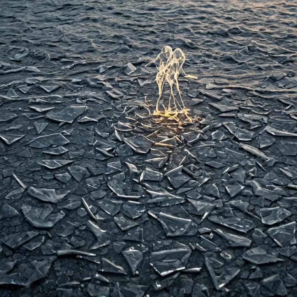 A single, selfquantizing filament of solidified laughter fractures into a thousand crystalline shards across the surface of a vast, still ocean made entirely of compressed, unspoken lullabies from a civilization that communicated through the resonance of uncradled infants. The filament does not dissolveit reassembles in reverse, each shard reflecting a different version of a moment that never happened, their edges glowing with the faint, thermal afterimage of a heartbeat that never slowed. The ocean is not waterit is a layered expanse of petrified breaths from a thousand unwoven stories, each ripple etched with the emotional residue of a thread that was never pulled, its surface shimmering with the ghostly outline of a hand that never brushed