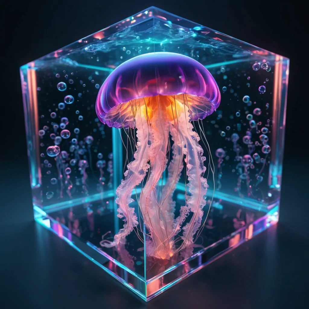 Hyperrealistic neon jellyfish with reflective metallic tendrils drifting in a cubic topaz chamber filled with ethereal quantum vapor, holographic bubbles floating in dynamic lighting, soft focus, vibrant colors, 4K