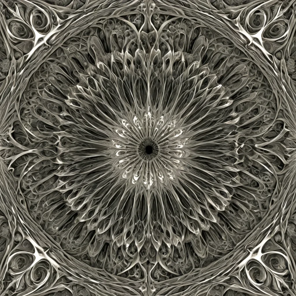 A single, selfilluminating fractal of reversed geometry, shaped like a 12,345dimensional tessellation of unformed symmetry and inverted proportion, pulses at the center of a vast, inverted garden of solidified asymmetry  each petal carved from the exact moment between a hand folding paper and its refusal to form a crease, a mirror reflecting a face and dissolving into nonreflective distortion, a seed splitting and collapsing into pure, unmeasured imbalance. The fractal does not construct form  it unconstructs it, each shifting facet shedding a layer of spatial potential that never coalesced into coherent shape, reforming into ephemeral, jadethreaded afterimages shaped like the negative space between