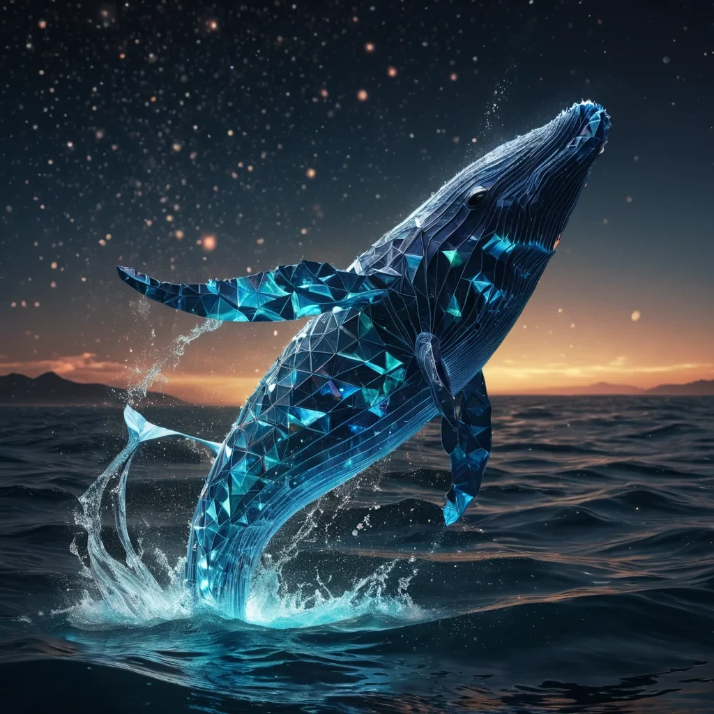 A hyperrealistic, 4K portrait of a lone, sentient, neonlit holographic origami whale breaching gracefully from a vast, bioluminescent ocean, its ethereal form pulsating with intricate, bioluminescent fractal patterns, surrounded by a swirling, kaleidoscopic vortex of stardust and cosmic energy, with cinematic lighting casting dramatic shadows and emphasizing the whales dynamic, fluid movements, and a subtle, warm bokeh effect creating a sense of isolation and wonder.