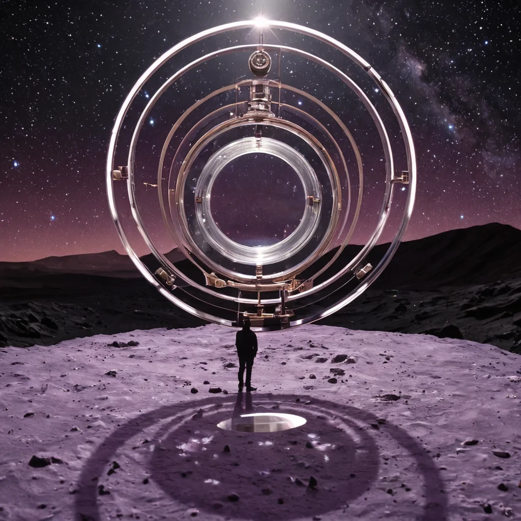 A horizontal, eyelevel medium shot of a silent, highaltitude observatory constructed from brushed titanium and frosted quartz, perched on the rim of a crater on a rogue planet drifting through the interstellar void. The sky is an infinite canvas of deep velvety black, scattered with the faint, distant glow of a nebula in soft lavender and rose gold. The central focus is a massive, rotating lens assembly made of concentric rings of transparent crystal, each ring holding a different element from the periodic table in their purest form, floating in magnetic suspension. Inside the rings, tiny, glowing atoms orbit in complex, chaotic patterns, casting intricate, prismatic shadows on the polished floor. In the foreground, a figure wearing a sleek