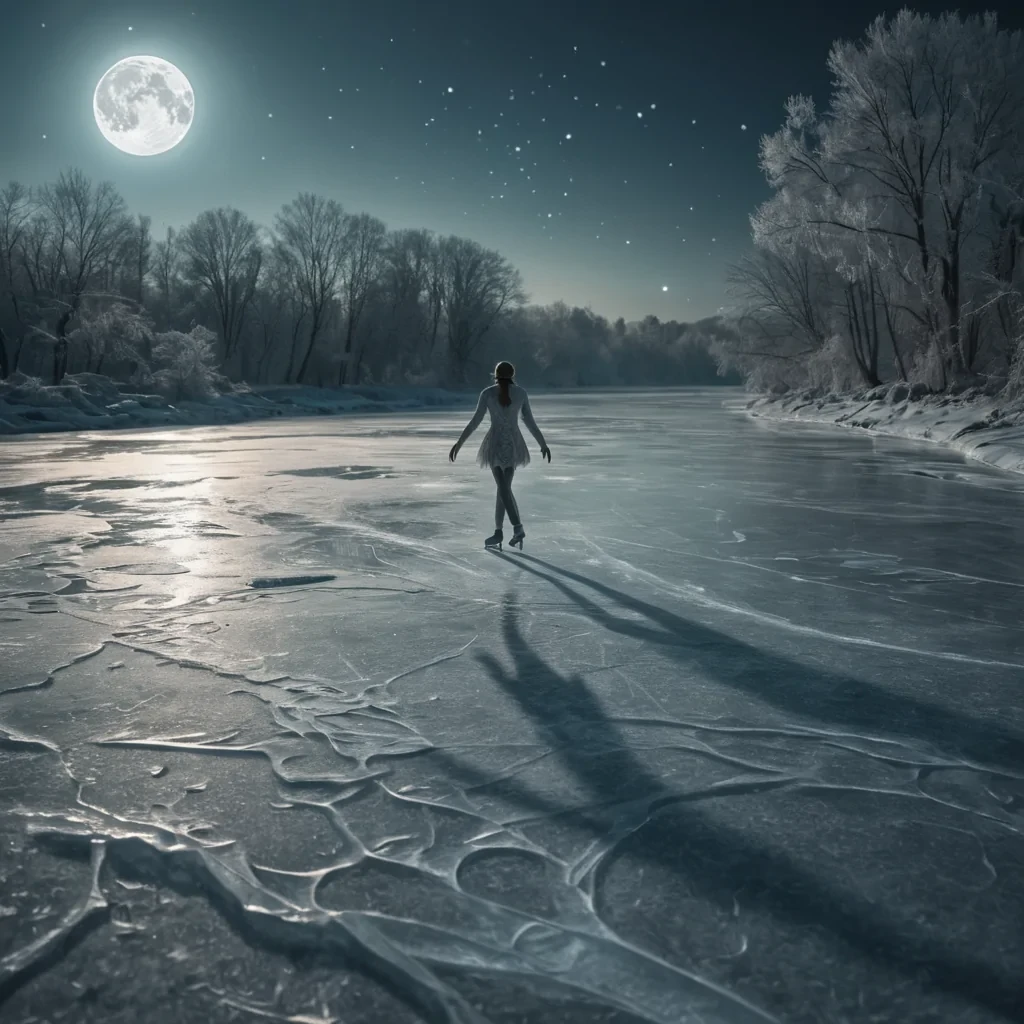 A lone figure skating on a frozen river under a full moon, the ice glowing with intricate, fractal patterns, hyperrealistic, 4K, cinematic lighting, volumetric lighting, atmospheric effects, dynamic lighting, bokeh effect, soft focus, lens flare, pastel tones, detailed textures.