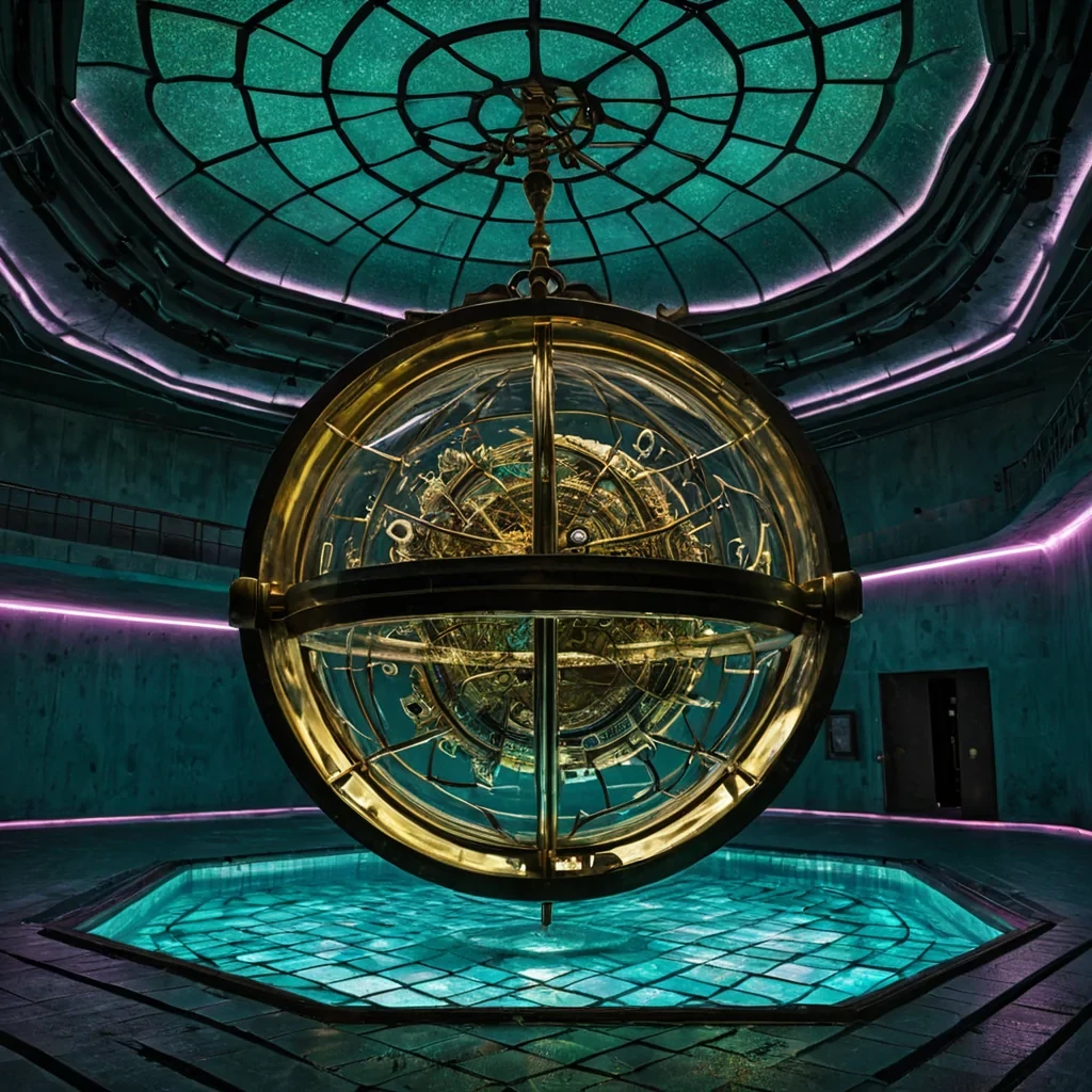 A seamless, 360degree equirectangular projection of a vast, indoor swimming pool where the water is replaced by a dense, suspended suspension of millions of tiny, iridescent, flatshape hexagonal scales that shimmer with a shifting oilslick spectrum of teal, magenta, and electric yellow. Floating weightlessly within this scalefilled medium are three colossal, ancient, rusted brass astrolabes, each rotating at a different, asynchronous speed, their intricate etched lines glowing with a faint, internal phosphorescence. The background is a seamless, deep, matte black void that absorbs all light except for the refractive brilliance of the scales and the metallic warmth of the brass instruments. The lighting is soft, diff