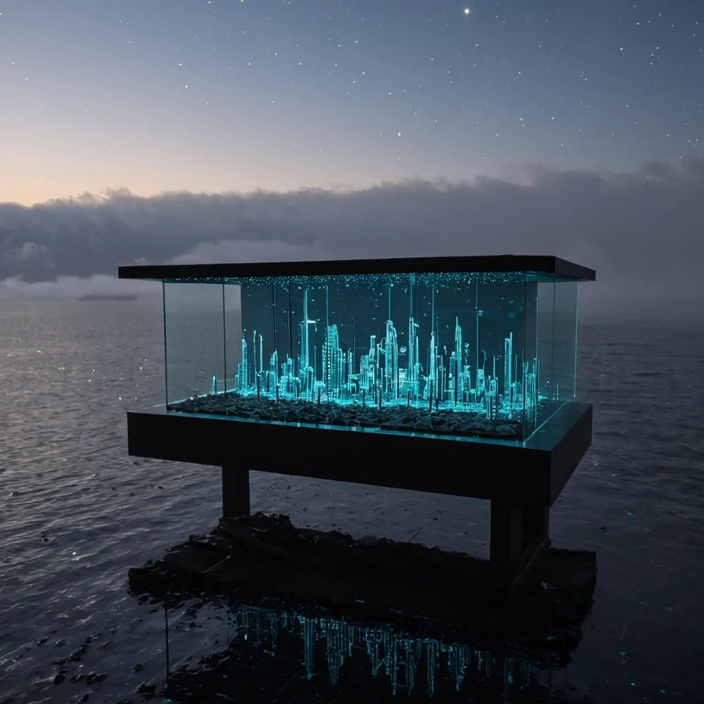 A horizontal, eyelevel medium shot of a solitary architects studio situated on the edge of a floating, rectangular platform made of raw, porous basalt stone, suspended high above a dense, rolling sea of luminous, white mist. The studio structure is constructed from translucent, honeycombpatterned amber resin panels that glow with a warm, internal light, revealing intricate blueprints and drafting tools inside. Outside, the air is thick with thousands of tiny, mechanical fireflies made of polished copper and glass, each emitting a soft, pulsing teal light that creates a starry effect against the deep indigo twilight sky. In the foreground, a sleek, white ceramic table holds a single, glowing holographic model of a futuristic city, while long,