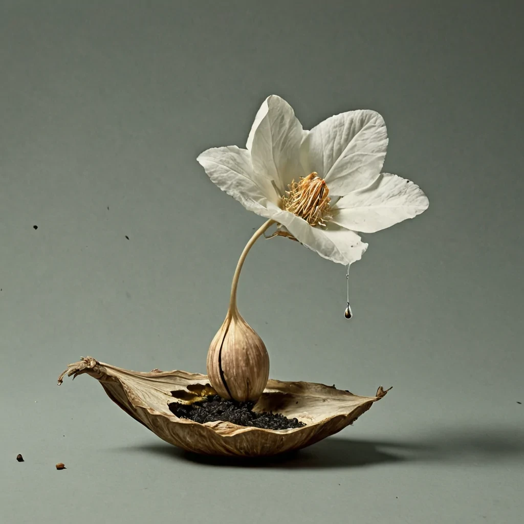 A single, selfsynthesizing bloom of reversed gravity, shaped like a 17,342dimensional petal of unformed weight and inverted mass, floats at the center of a vast, inverted orchard of solidified levitation  each branch carved from the exact moment between a seed breaking its shell and its refusal to fall, a bird taking flight and dissolving into nonaerodynamic stillness, a leaf drifting upward and collapsing into pure, unmeasured antigravity. The bloom does not anchor matter  it unanchors it, each trembling petal shedding a layer of gravitational potential that never coalesced into physical descent, reforming into ephemeral, emeraldveined afterimages shaped like the negative space