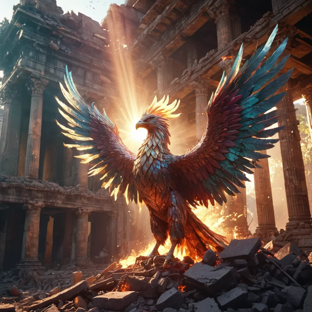A crystalline phoenix rising from the ashes of a ruined, ancient temple, hyperrealistic, 4K, cinematic lighting, volumetric lighting, atmospheric effects, lens flare, vibrant colors, detailed textures.