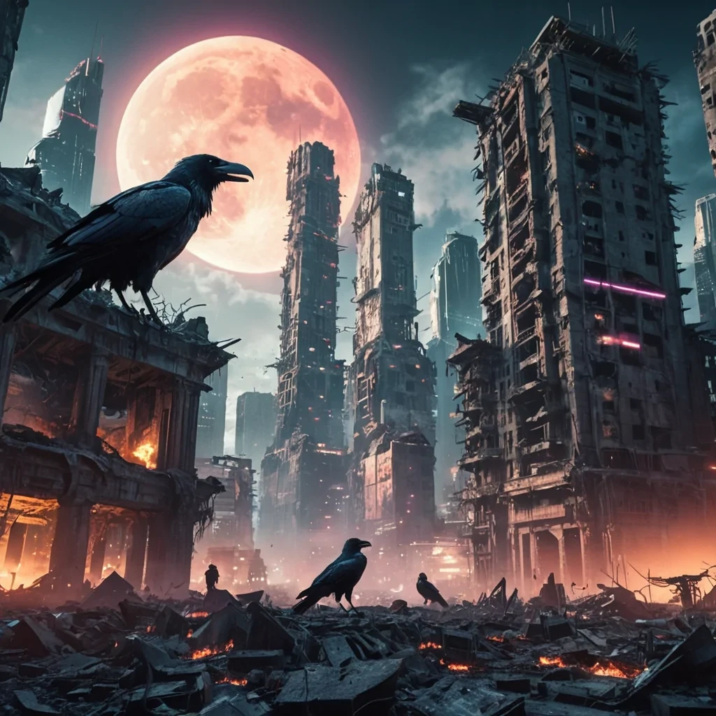 A sprawling, postapocalyptic cityscape under a triple moon, where neonlit skyscrapers rise from the ruins, and cybernetic ravens glide through the air, hyperrealistic, 4K, cinematic lighting, volumetric lighting, atmospheric effects, dynamic lighting, bokeh effect, soft focus, lens flare, neon colors, detailed textures.