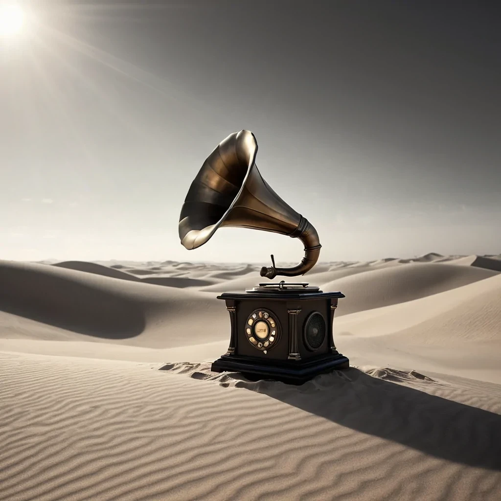 Photorealistic, Ultra HD portrait of a whimsical, levitating vintage phonograph, its brass horn emitting ethereal, otherworldly melodies, set against a surreal, monochromatic landscape of undulating, shadowy dunes, with volumetric lighting casting dramatic shadows and emphasizing the intricate, art deco design, and a subtle, cool bokeh effect creating a sense of isolation and enchantment, while a spectral, ethereal figure, cloaked in a tattered, hooded robe, stands silently at the edge of the frame, their face obscured by shadows, adding an enigmatic, haunting touch to the otherwise abstract scene.