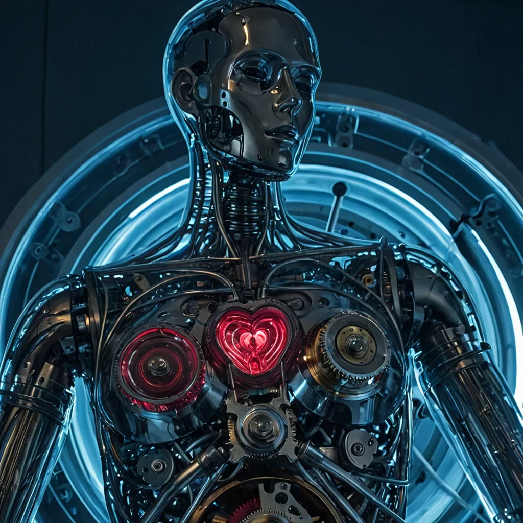 A vertical, lowangle closeup of a hyperdetailed, mechanical clockwork heart housed within the transparent chest cavity of a lifesized, articulated mannequin made of brushed titanium and frosted acrylic. The heart itself is a complex assembly of spinning brass gears, ruby bearings, and thin, vibrating wires that glow with a soft, warm crimson pulse, visible through the mannequins translucent torso. The mannequin stands in a dimly lit, circular chamber with walls covered in dense, vertical rows of vintage analog dials and pressure gauges, all pointing to random values. A single beam of cool, bluetoned cinematic light cuts through the haze from above, illuminating the intricate inner workings of the clockwork heart and casting long