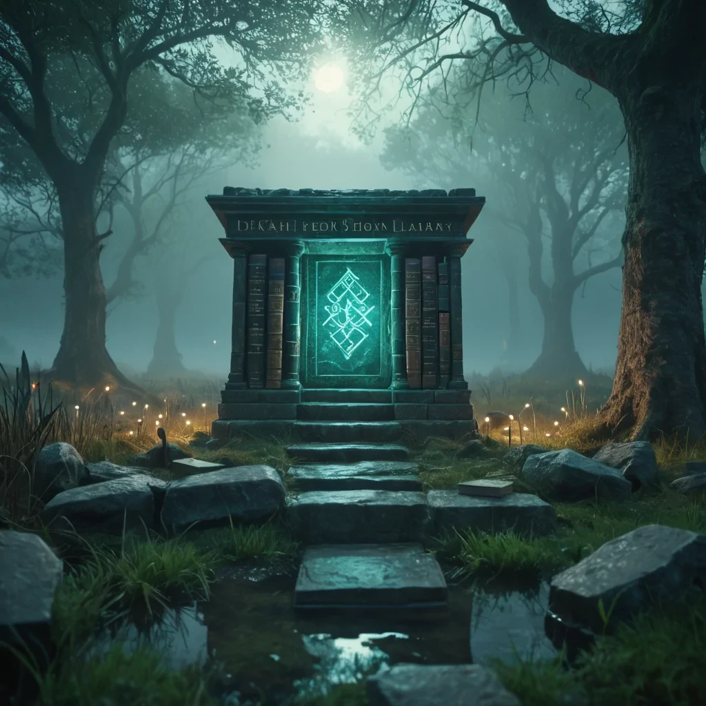 An ancient, levitating library, its stone walls adorned with glowing runes, drifting above a vast, misty marsh, hyperrealistic, 8K, cinematic lighting, volumetric lighting, atmospheric effects, dynamic lighting, bokeh effect, soft focus, lens flare, deep blues and eerie greens, detailed textures.