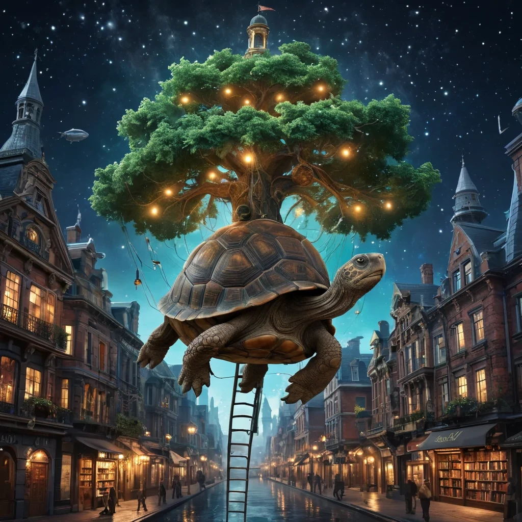 Imagine an ancient, colossal tree, its gnarled roots stretching out like welcoming arms, cradling a vibrant, floating city in its branches. The city is a harmonious blend of Victorian architecture and futuristic technology, with airships and bioluminescent flora sharing the sky. At the citys heart, a grand library pulses with an ethereal glow, its walls inscribed with stories that dance and shimmer like constellations. A wise, elderly tortoise, wearing a tiny top hat and monocle, leisurely makes its way through the city, carrying a ladder on its back, ready to assist any curious reader who needs to reach the highest bookshelves.